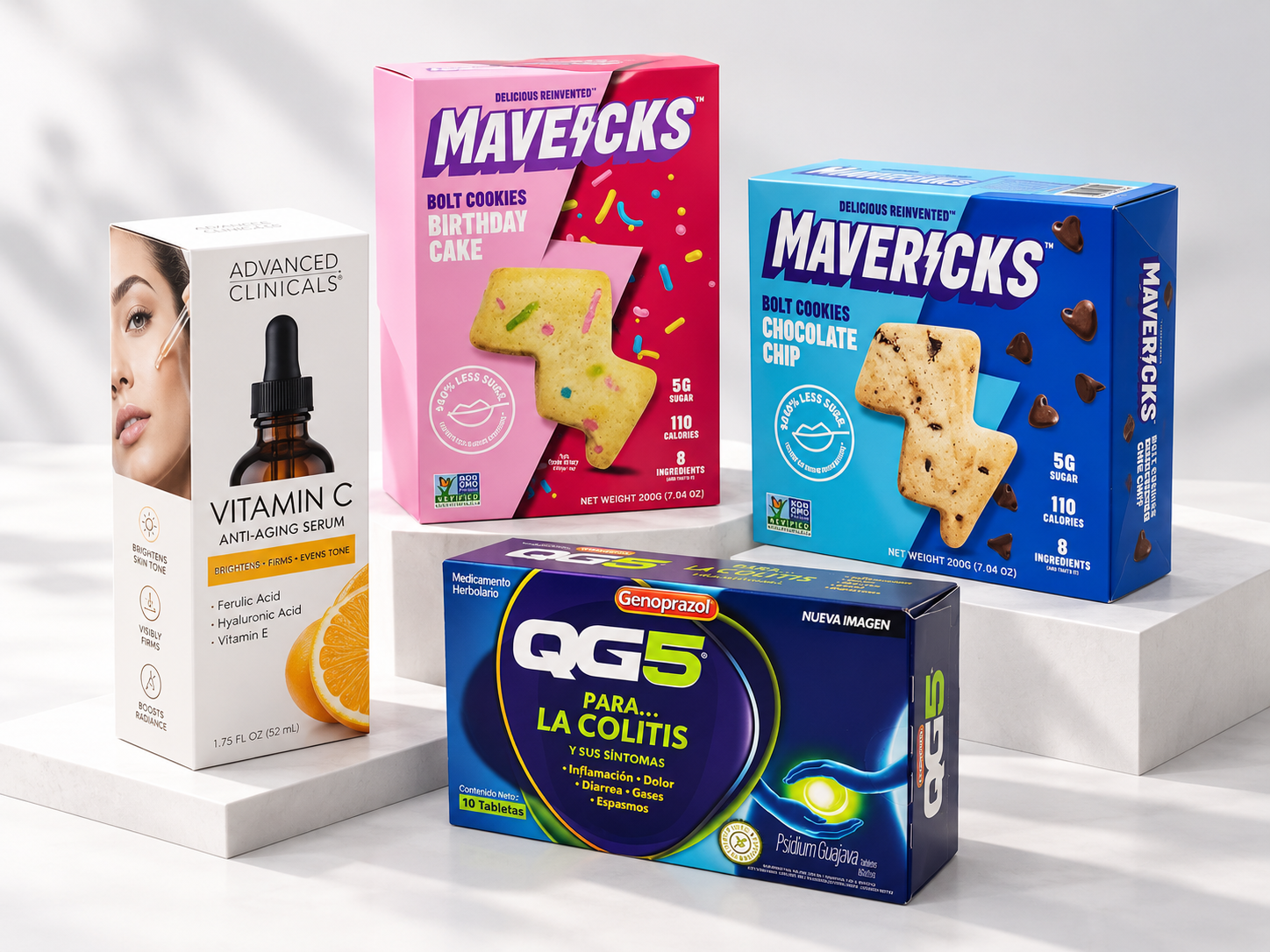 Empaques impresos EdiPrint: serums, cookies Mavericks y caja de medicamento
